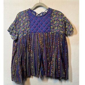 Manoush Top Floral Patchwork Bohemian Quilted Short Sleeve Blue Size‎ 34 US 4